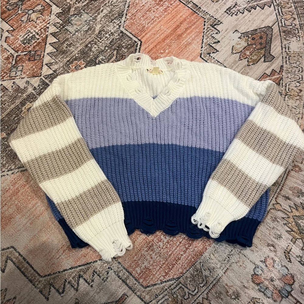 It's Our Time Cream and Blue V-Neck Sweater